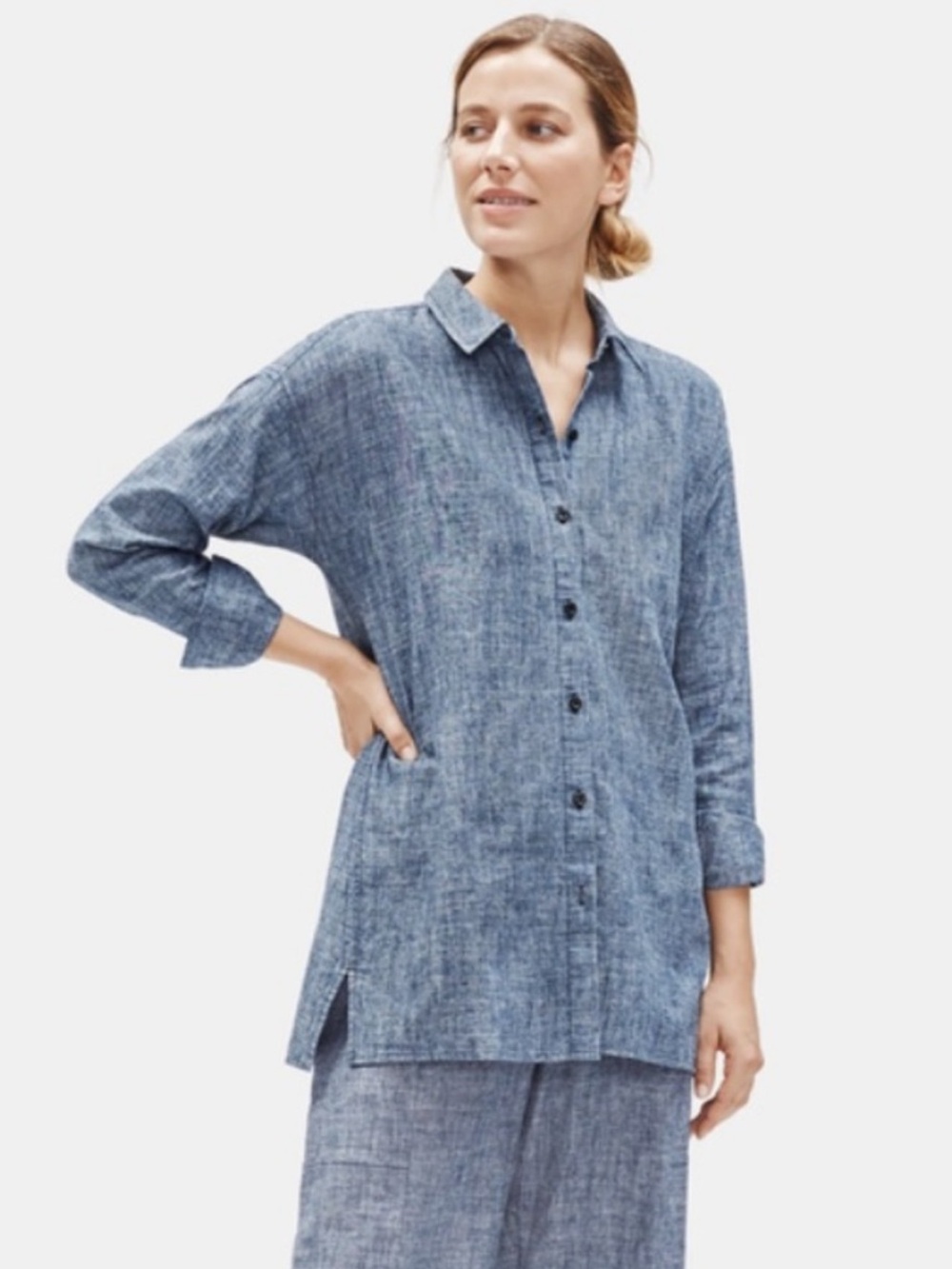 Eileen Fisher Hemp Organic Cotton Chambray Button Front Shirt Small